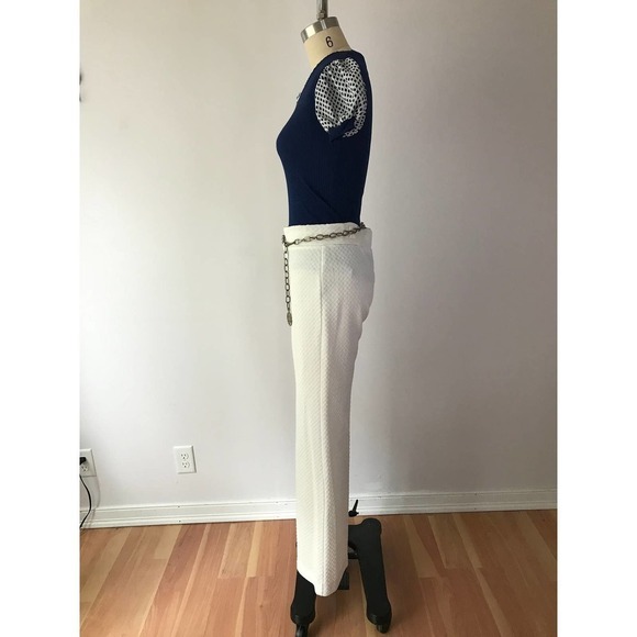 70s Wide Leg White Bellbottom Pants Polyester Trousers Stretch Nautical Beach - Picture 4 of 7